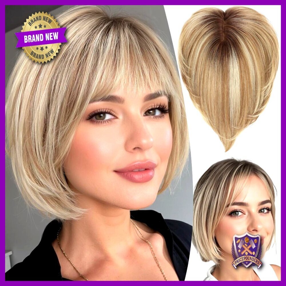 Human Hair Topper Silk Base Clip-In Short Bob with Bangs Thinning Hair Solution